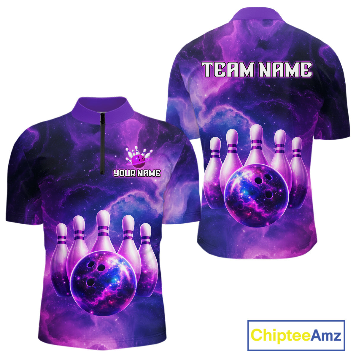 Galaxy Purple Bowling Shirts Yellow for Team Bowling Polo & 1/4 Zip Shirt