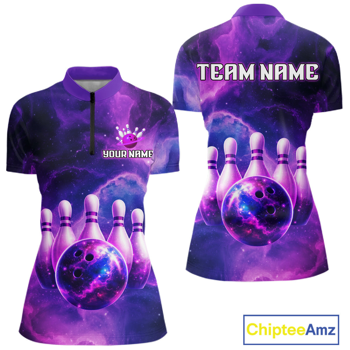 Galaxy Purple Bowling Shirts Yellow for Team Bowling Polo & 1/4 Zip Shirt