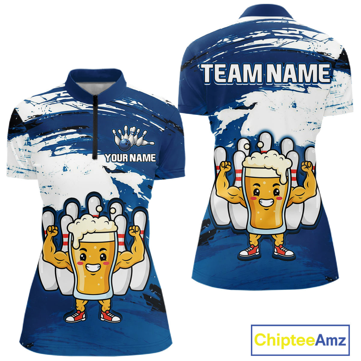 Blue Funny Beer Bowling Shirts Team Bowling Polo&1/4 Zip Bowl League