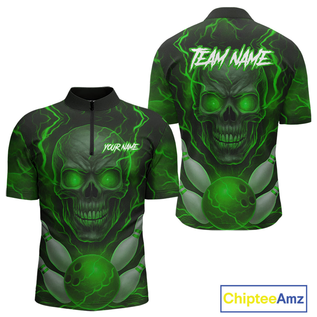 Green Bowling Shirts for Team Custom Skull Bowling Jerseys for Couples