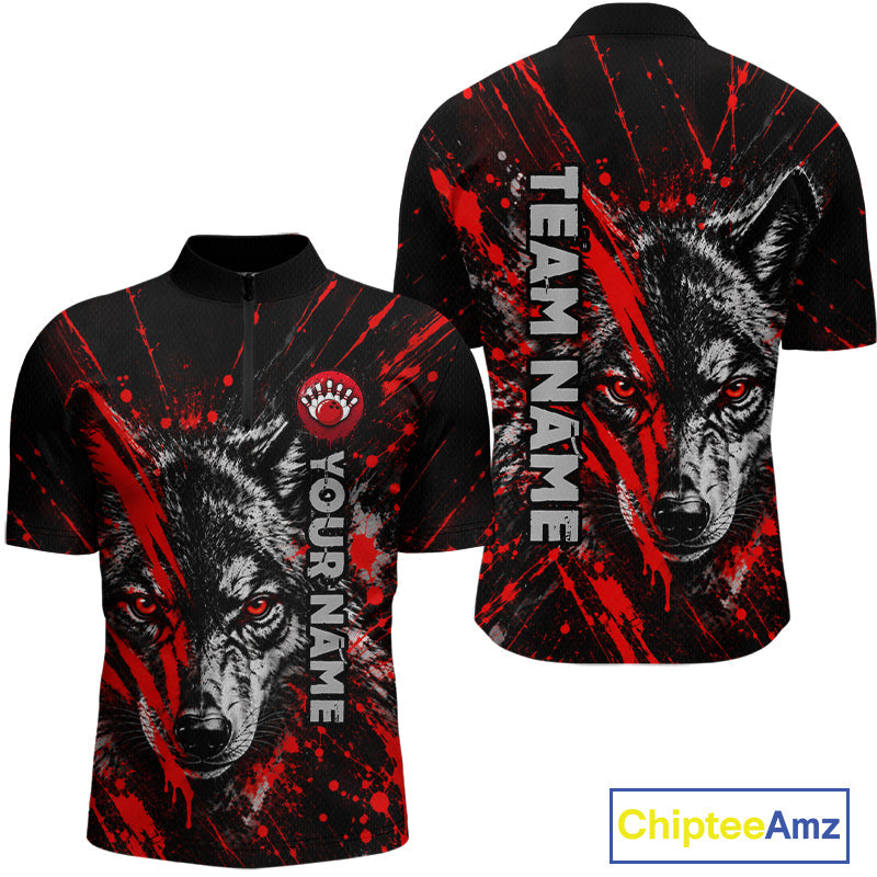 Custom Black Red Wolf Bowling Team Shirts Bowling League Shirts Polo & 1/4 Zip