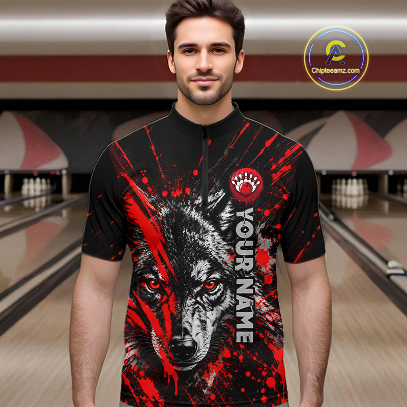 Custom Black Red Wolf Bowling Team Shirts Bowling League Shirts Polo & 1/4 Zip