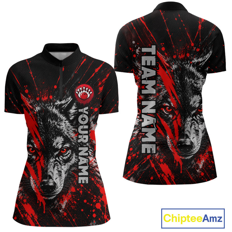 Custom Black Red Wolf Bowling Team Shirts Bowling League Shirts Polo & 1/4 Zip