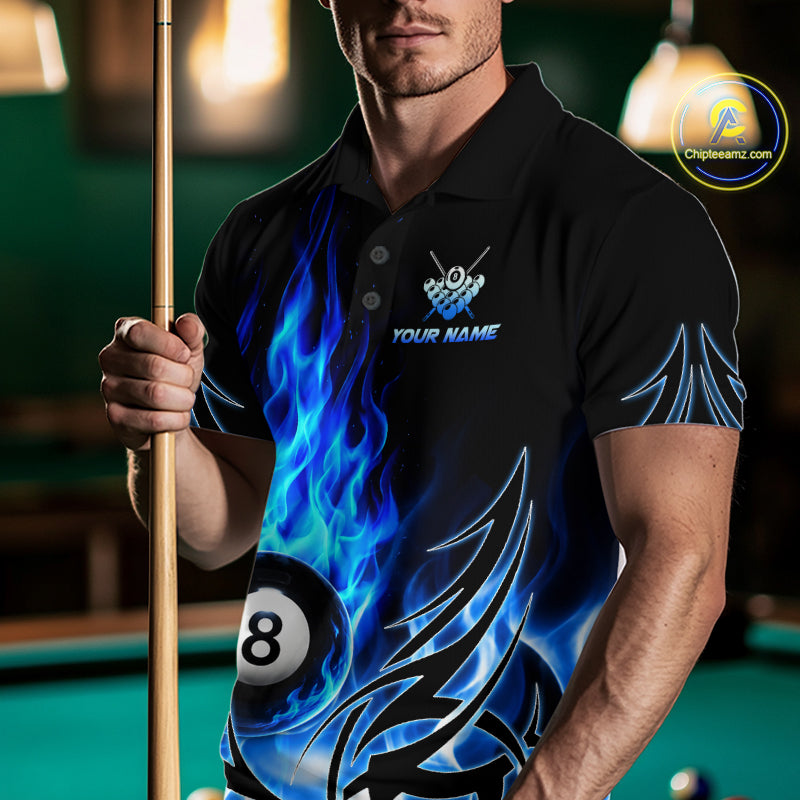Blue Flame Billiard 8 Ball Polo & Quarter Zip Shirts Custom Billiard Shirts For Team