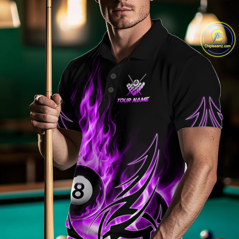 Purple Flame Billiard 8 Ball Polo & Quarter Zip Shirts Custom Billiard Shirts For Team