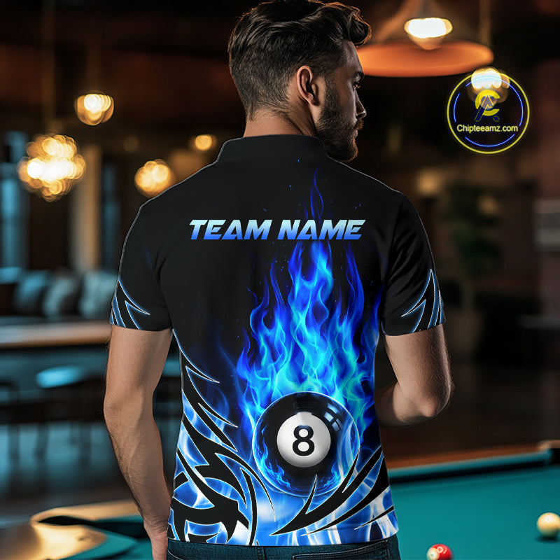 Blue Flame Billiard 8 Ball Polo & Quarter Zip Shirts Custom Billiard Shirts For Team