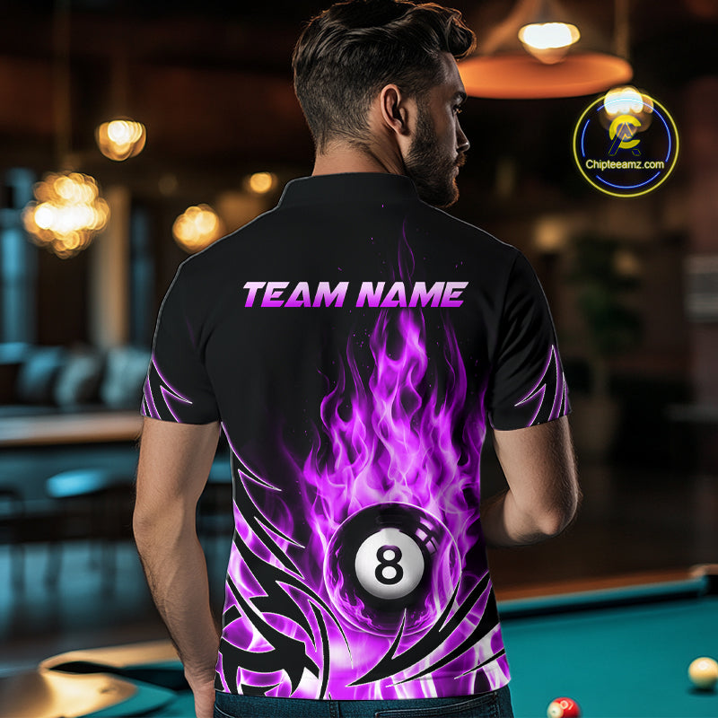 Purple Flame Billiard 8 Ball Polo & Quarter Zip Shirts Custom Billiard Shirts For Team