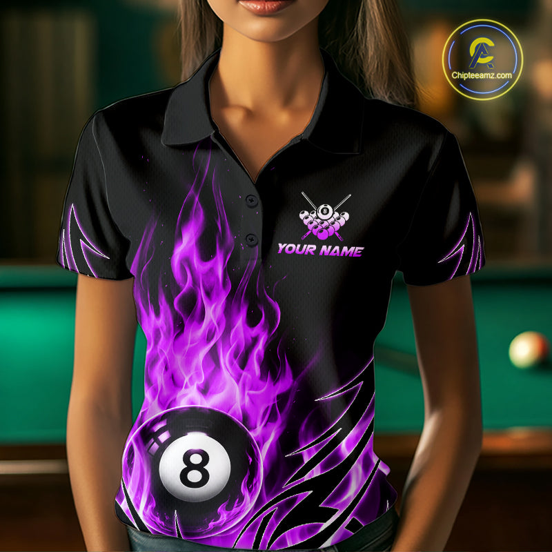 Purple Flame Billiard 8 Ball Polo & Quarter Zip Shirts Custom Billiard Shirts For Team