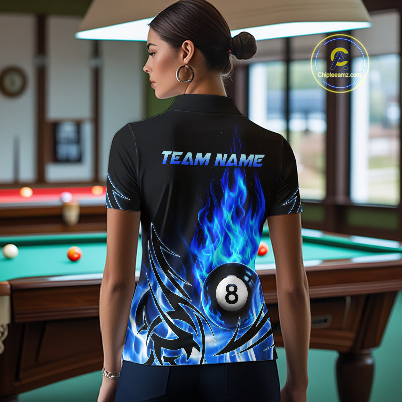 Blue Flame Billiard 8 Ball Polo & Quarter Zip Shirts Custom Billiard Shirts For Team
