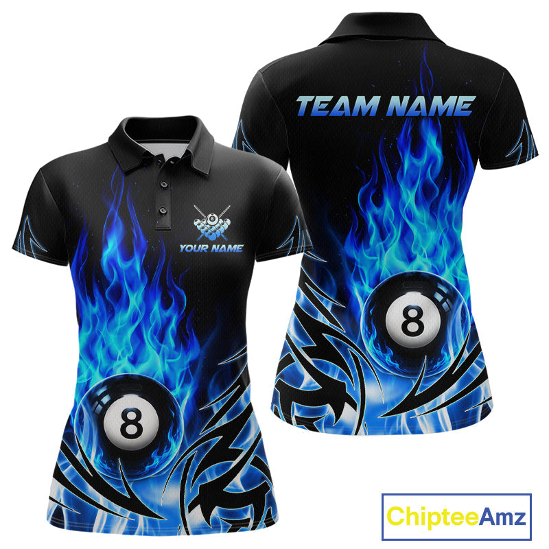 Blue Flame Billiard 8 Ball Polo & Quarter Zip Shirts Custom Billiard Shirts For Team