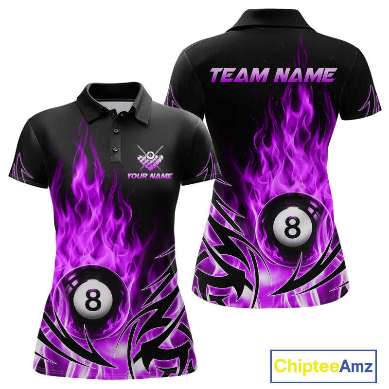 Purple Flame Billiard 8 Ball Polo & Quarter Zip Shirts Custom Billiard Shirts For Team