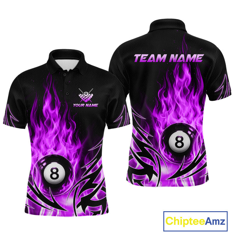 Purple Flame Billiard 8 Ball Polo & Quarter Zip Shirts Custom Billiard Shirts For Team