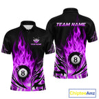 Purple Flame Billiard 8 Ball Polo & Quarter Zip Shirts Custom Billiard Shirts For Team