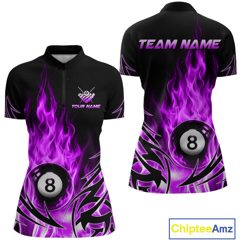 Purple Flame Billiard 8 Ball Polo & Quarter Zip Shirts Custom Billiard Shirts For Team