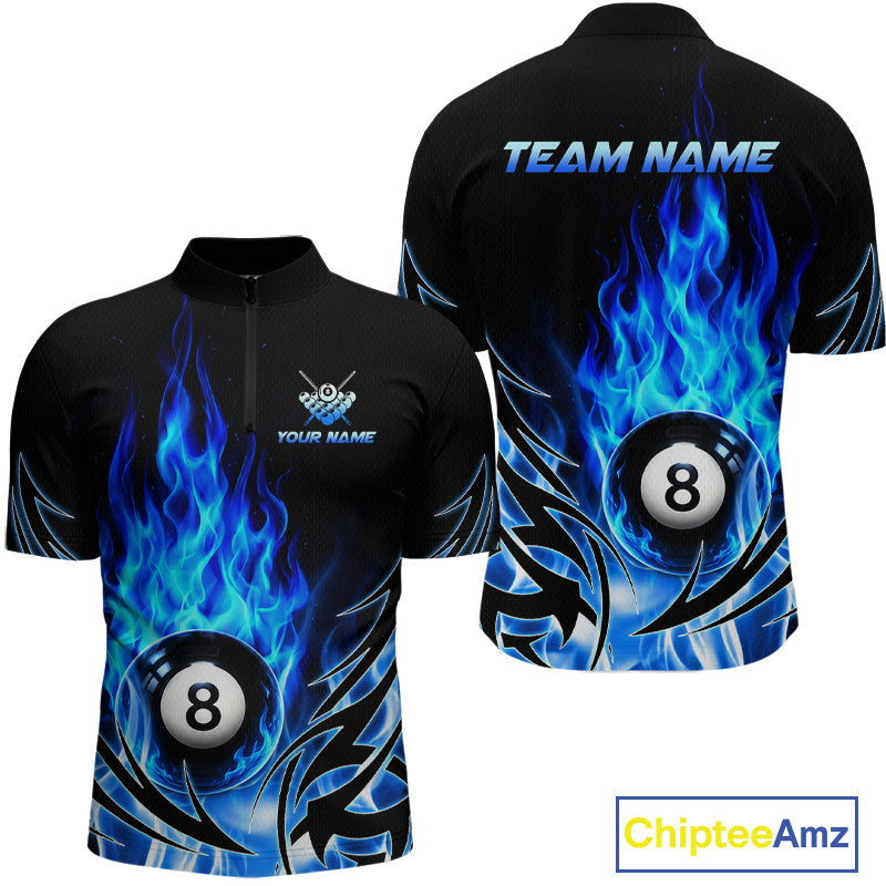 Blue Flame Billiard 8 Ball Polo & Quarter Zip Shirts Custom Billiard Shirts For Team