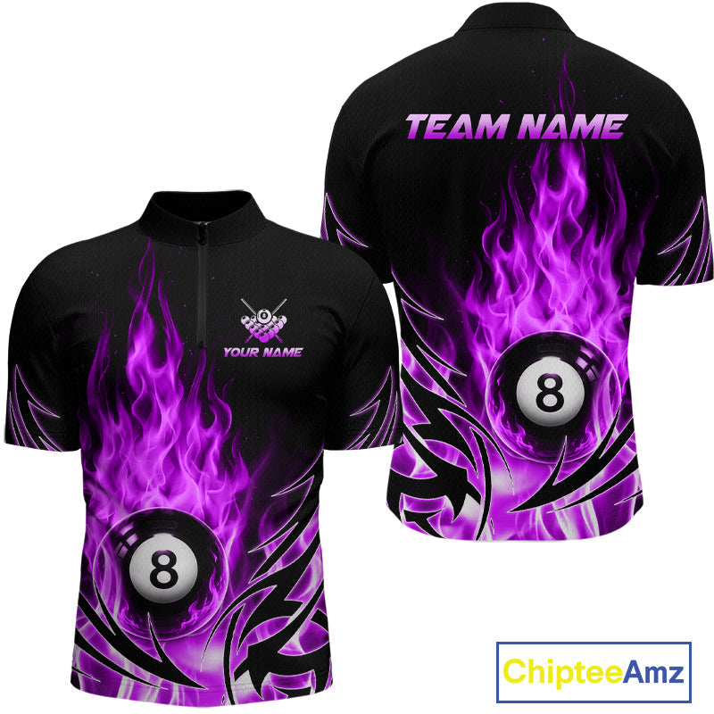Purple Flame Billiard 8 Ball Polo & Quarter Zip Shirts Custom Billiard Shirts For Team