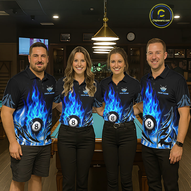 Blue Flame Billiard 8 Ball Polo & Quarter Zip Shirts Custom Billiard Shirts For Team
