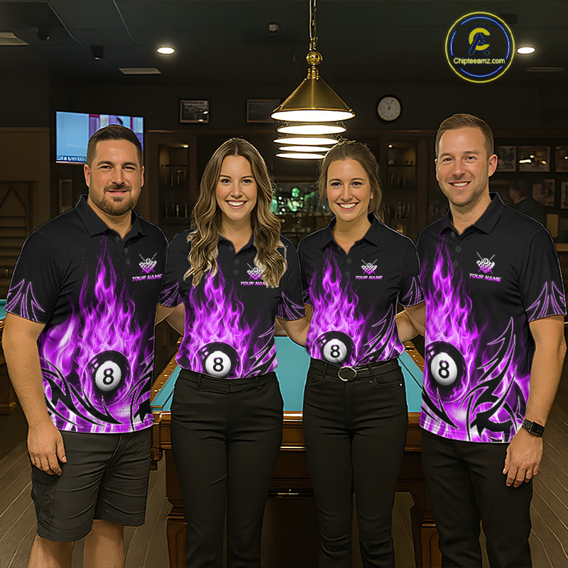 Purple Flame Billiard 8 Ball Polo & Quarter Zip Shirts Custom Billiard Shirts For Team