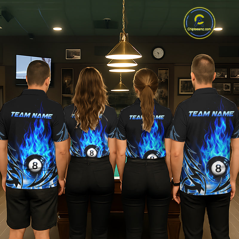 Blue Flame Billiard 8 Ball Polo & Quarter Zip Shirts Custom Billiard Shirts For Team