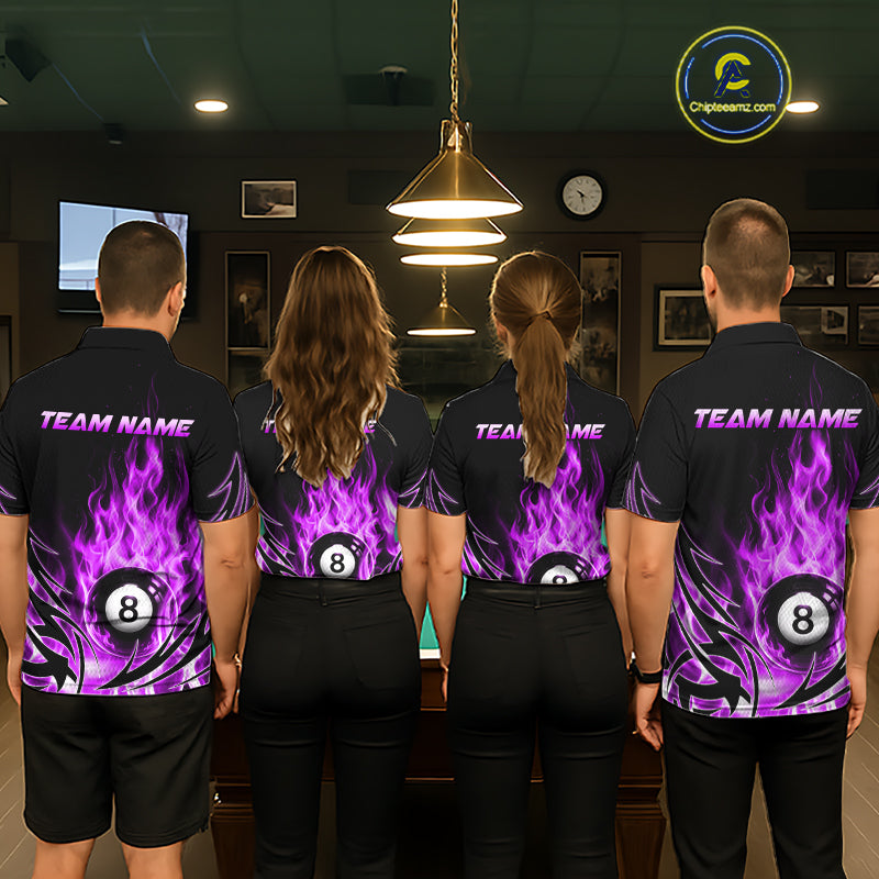 Purple Flame Billiard 8 Ball Polo & Quarter Zip Shirts Custom Billiard Shirts For Team