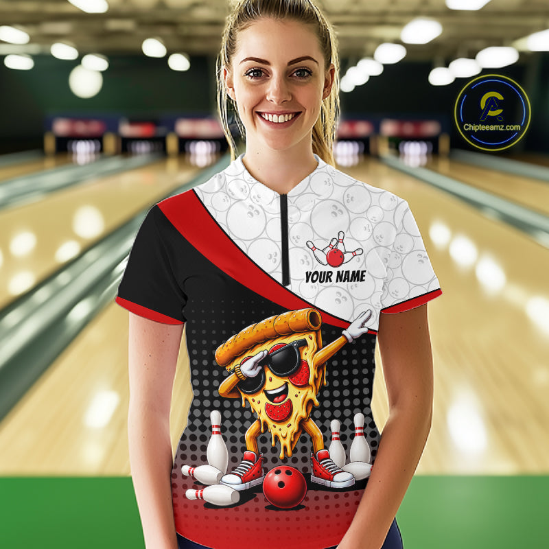 Custom Funny Pizza Bowling Team Shirts Bowling Jersey Bowling League Polo & 1/4 Zip