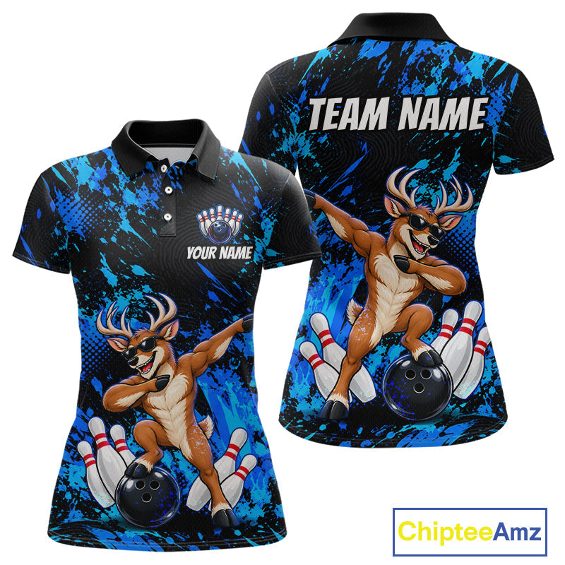 Custom Blue Funny Deer Bowling Team Jerseys Bowling Shirts Polo & 1/4 Zipper