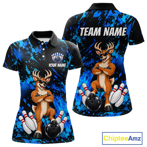 Custom Blue Funny Deer Bowling Jersey Bowling Team Shirts Bowling League Clothes