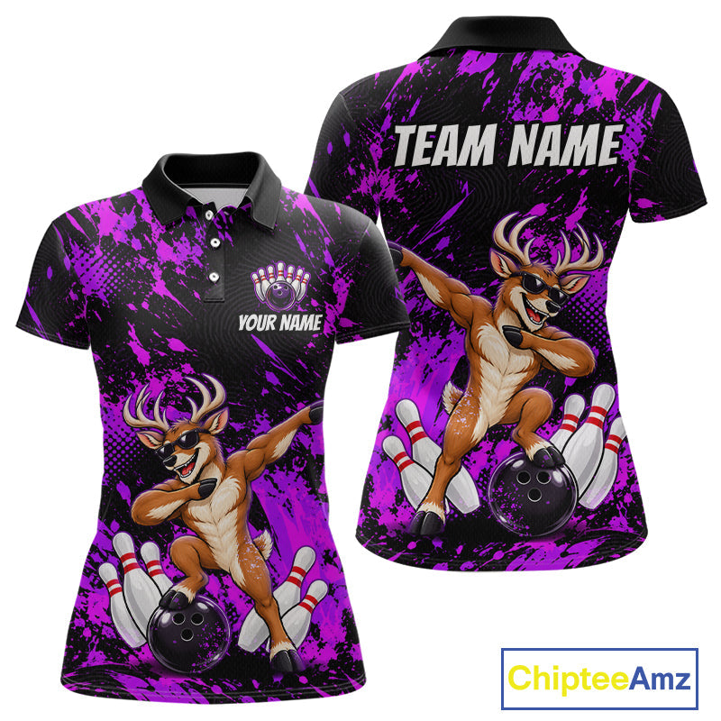 Custom Purple Funny Deer Bowling Team Jerseys Bowling Shirts Polo & 1/4 Zipper
