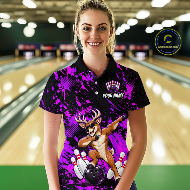 Custom Purple Funny Deer Bowling Team Jerseys Bowling Shirts Polo & 1/4 Zipper