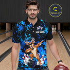 Custom Blue Funny Deer Bowling Team Jerseys Bowling Shirts Polo & 1/4 Zipper