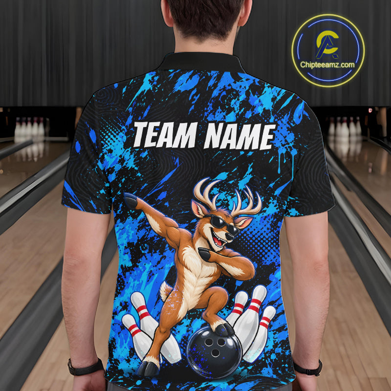 Custom Blue Funny Deer Bowling Team Jerseys Bowling Shirts Polo & 1/4 Zipper