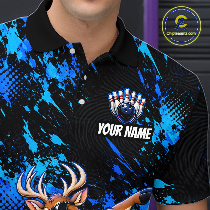 Custom Blue Funny Deer Bowling Team Jerseys Bowling Shirts Polo & 1/4 Zipper
