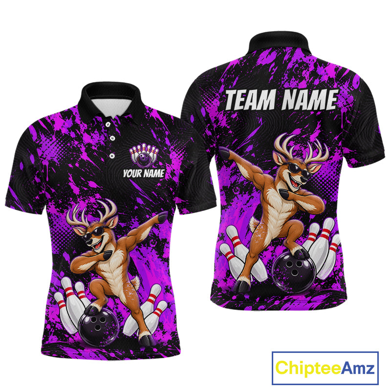 Custom Purple Funny Deer Bowling Team Jerseys Bowling Shirts Polo & 1/4 Zipper