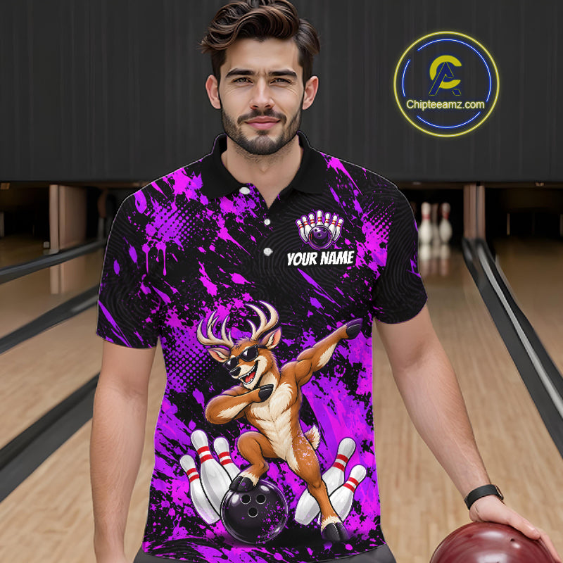 Custom Purple Funny Deer Bowling Team Jerseys Bowling Shirts Polo & 1/4 Zipper