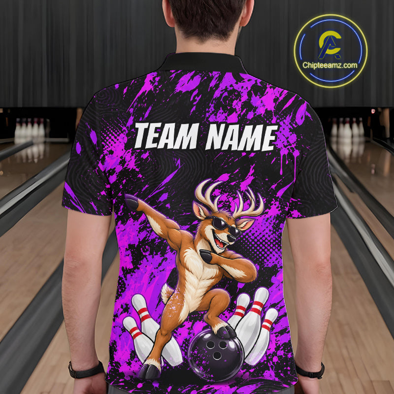 Custom Purple Funny Deer Bowling Team Jerseys Bowling Shirts Polo & 1/4 Zipper