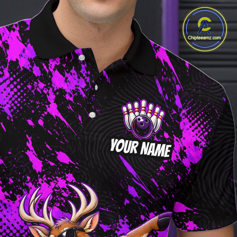 Custom Purple Funny Deer Bowling Team Jerseys Bowling Shirts Polo & 1/4 Zipper