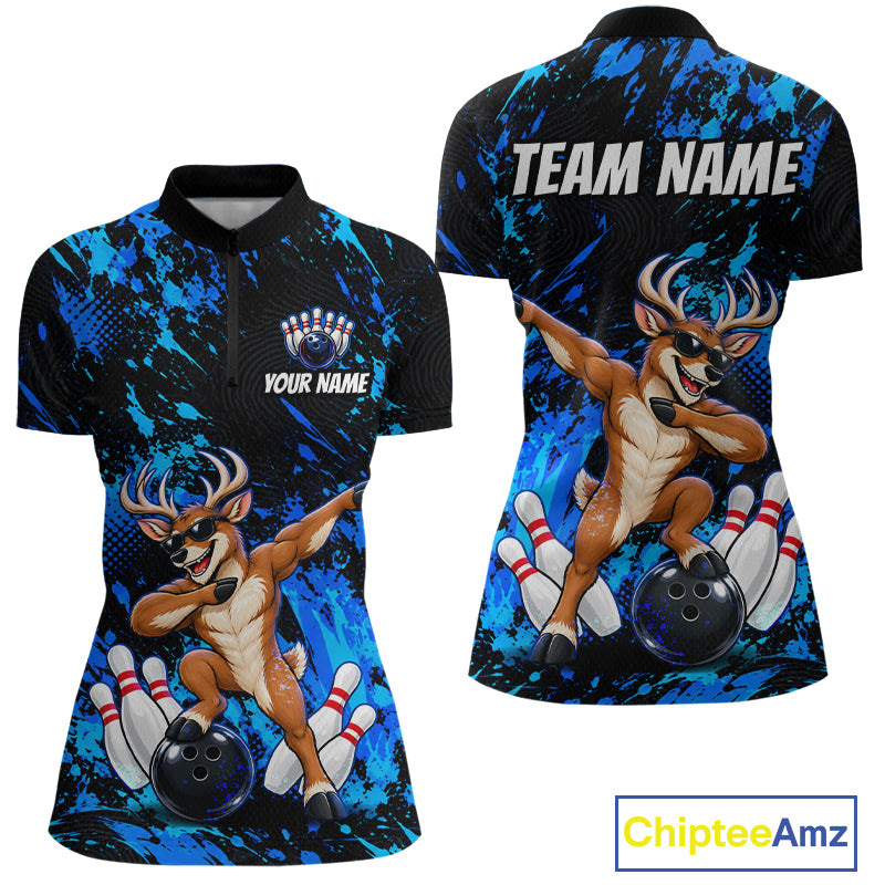 Custom Blue Funny Deer Bowling Team Jerseys Bowling Shirts Polo & 1/4 Zipper