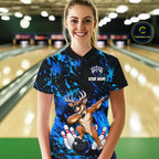 Custom Blue Funny Deer Bowling Team Jerseys Bowling Shirts Polo & 1/4 Zipper