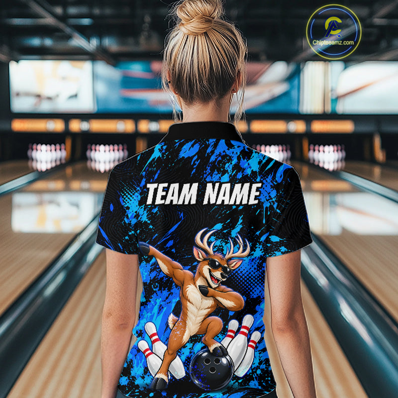 Custom Blue Funny Deer Bowling Team Jerseys Bowling Shirts Polo & 1/4 Zipper
