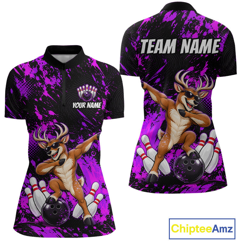 Custom Purple Funny Deer Bowling Team Jerseys Bowling Shirts Polo & 1/4 Zipper