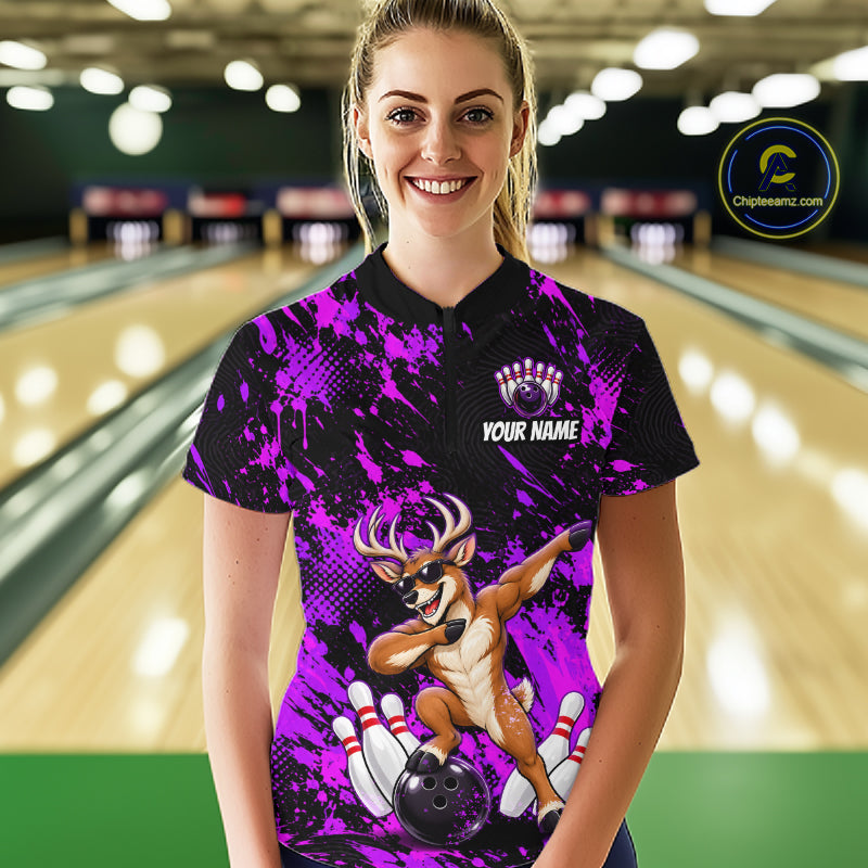 Custom Purple Funny Deer Bowling Team Jerseys Bowling Shirts Polo & 1/4 Zipper