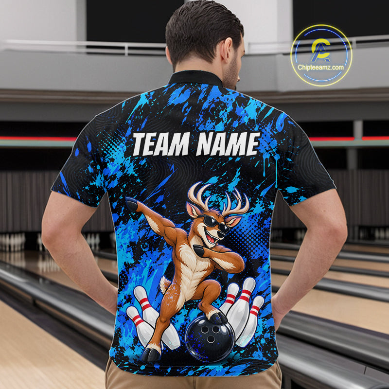 Custom Blue Funny Deer Bowling Team Jerseys Bowling Shirts Polo & 1/4 Zipper
