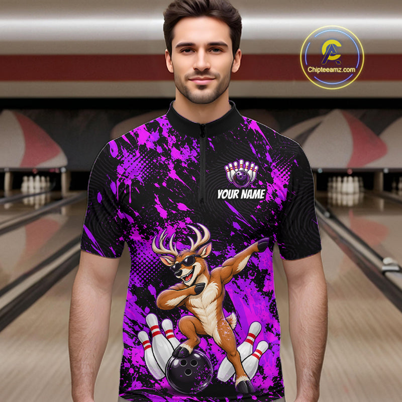 Custom Purple Funny Deer Bowling Team Jerseys Bowling Shirts Polo & 1/4 Zipper