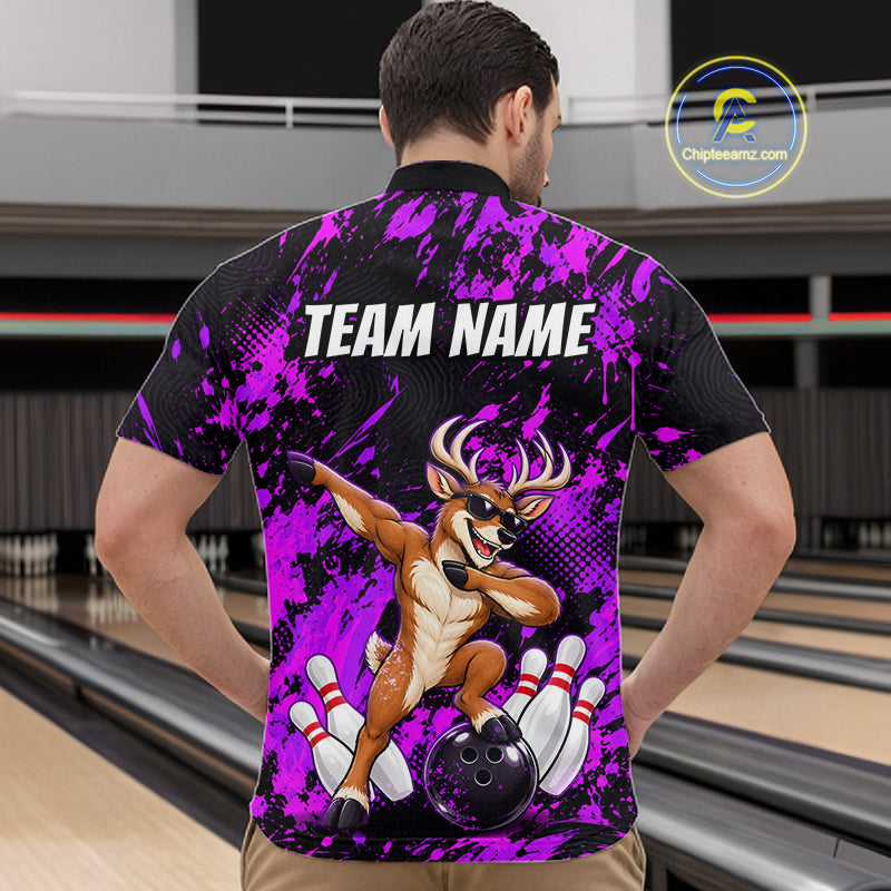 Custom Purple Funny Deer Bowling Team Jerseys Bowling Shirts Polo & 1/4 Zipper
