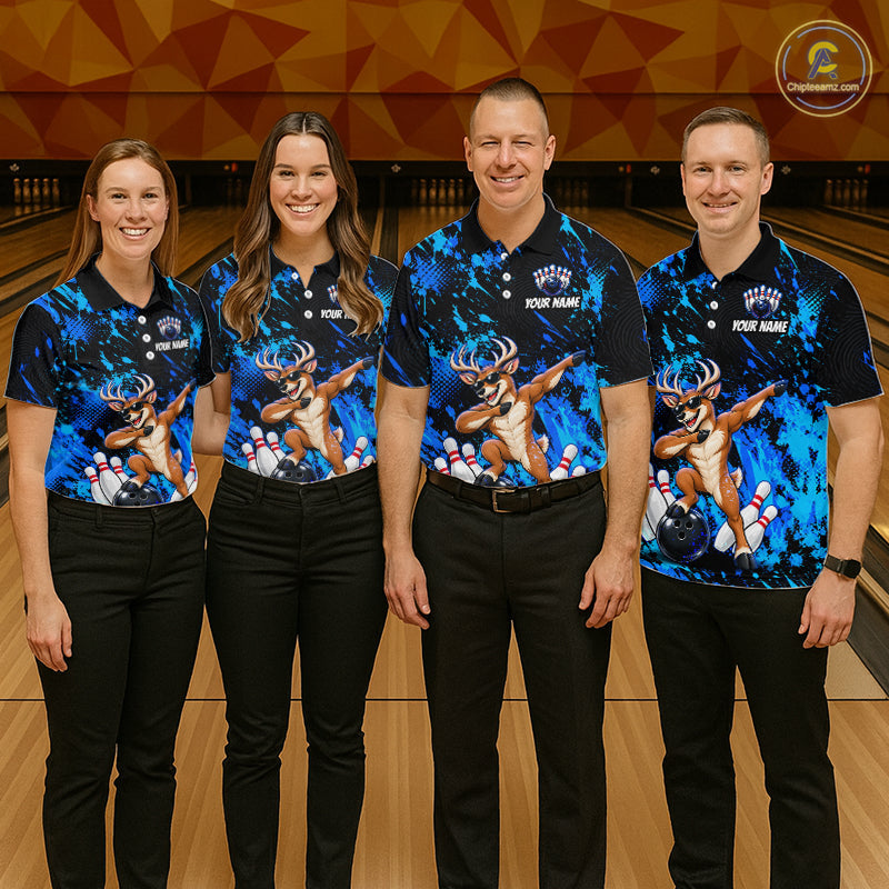 Custom Blue Funny Deer Bowling Team Jerseys Bowling Shirts Polo & 1/4 Zipper