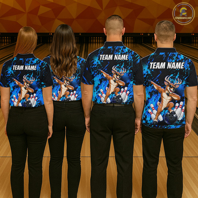 Custom Blue Funny Deer Bowling Team Jerseys Bowling Shirts Polo & 1/4 Zipper