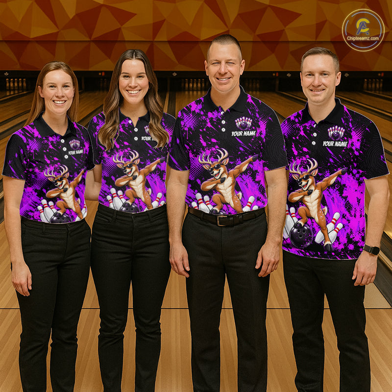 Custom Purple Funny Deer Bowling Team Jerseys Bowling Shirts Polo & 1/4 Zipper