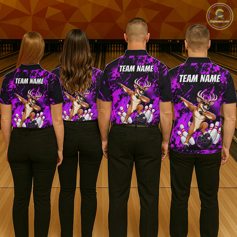 Custom Purple Funny Deer Bowling Team Jerseys Bowling Shirts Polo & 1/4 Zipper
