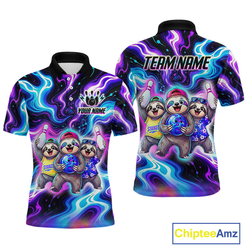 Custom Funny Sloth Bowling Jersey Purple Blue Neon Bowling Team Shirts Bowling League