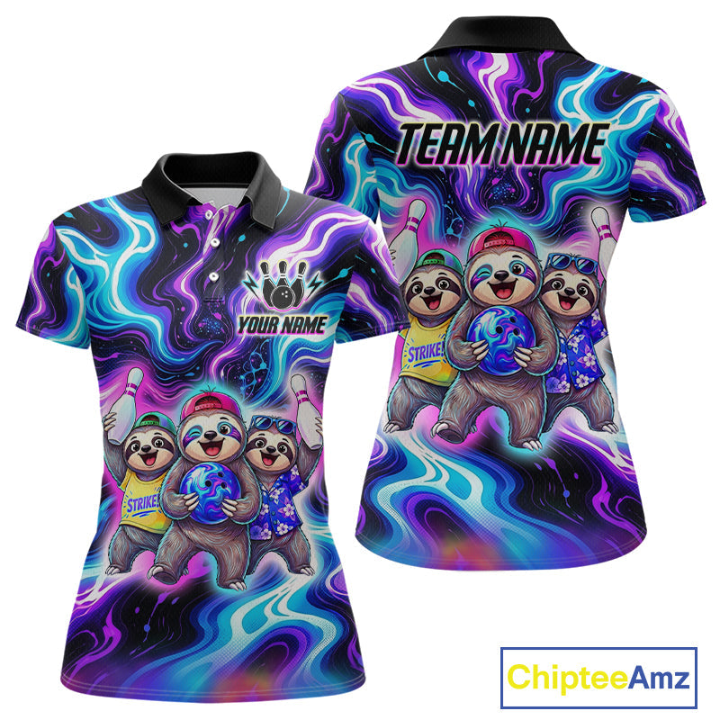Custom Funny Sloth Bowling Jersey Purple Blue Neon Bowling Team Shirts Bowling League